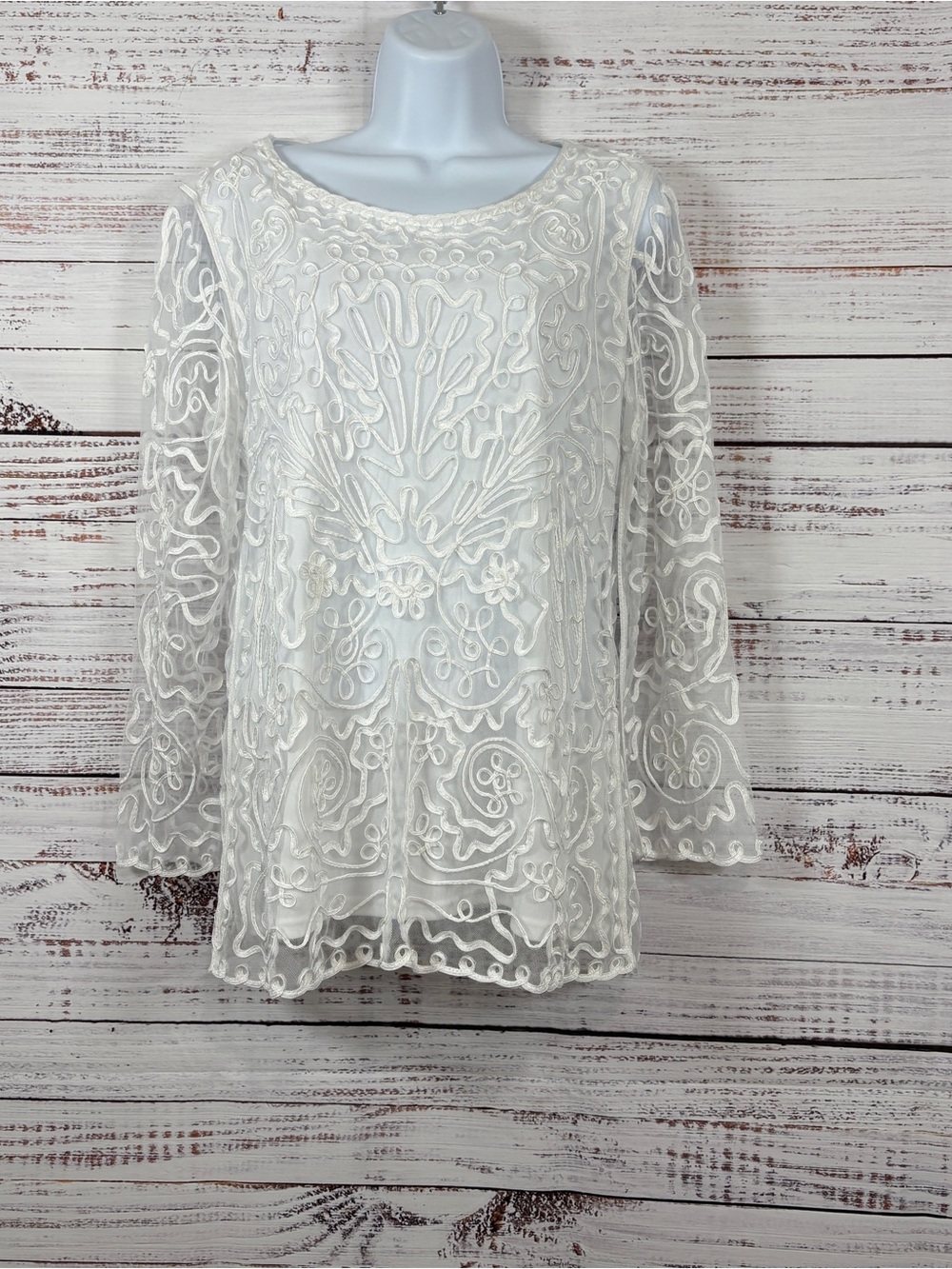 T&W Designs White Embroidered Ribbon Long Sleeve Vintage Top
